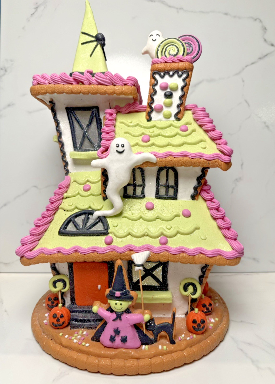 Halloween 16in Light Up Witch Gingerbread House LED Ghost Black Cat NEW